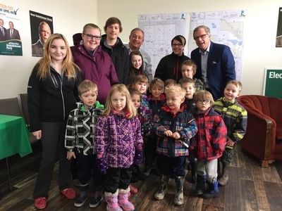 When Premier Brad Wall made a pre-election stop in Canora on March 29, several workers from the Canora Children’s Centre took a group of youngsters to meet him. The premier and Terry Dennis, the Saskatchewan Party candidate, obliged to having their photo taken with the children.