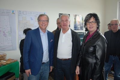 Mayor Rod Gardner of Kamsack and Mayor Gina Rakochy of Canora had their photo taken with Premier Brad Wall when he made a pre-election stop in Canora on March 29.