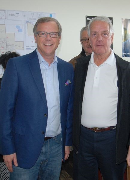 Premier Brad Wall greeted Kamsack Mayor Rod Gardner, a former member of the Saskatchewan Legislature, last week when the Premier was campaigning in Canora with Terry Dennis, the SaskParty candidate for the Canora-Pelly Constituency.