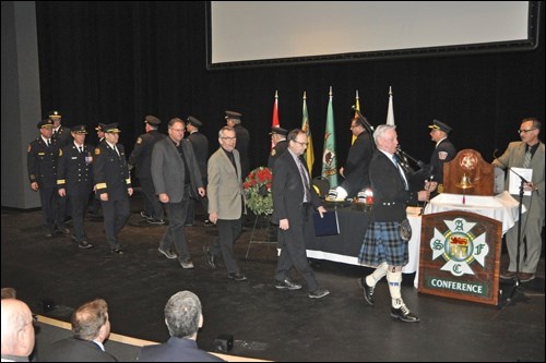 Dignitaries were piped into the main theatre of the Dekker Centre on Thursday night for the opening ceremonies of the Saskatchewan Association of Fire Chiefs annual conference and trade show. Among the dignitaries  were MLA Herb Cox, Mayor Ian Hamilton of North Battleford and Mayor Derek Mahon of Battleford. Photos by John Cairns
