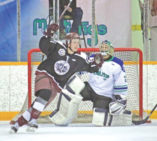 Bombers defenceman Rylan Tkachuk celebrates one of Flin Flon’s six goals in game 1 against Melfort.