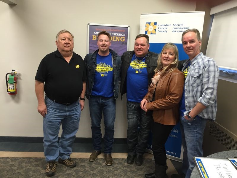 Attending a special kick-off to the Canadian Cancer Society’s Just Watch Me Community Challenge on April 7 in Regina were Allan and Brenda Kondratoff of Kamsack. Brenda Kondratoff is a sister of former Hyas resident Dean Kush of Regina. Kush, JJ Voss and Alex Runions wrote and recorded Just Watch Me for the Society’s fundraising Challenge. From left, were: Allan Kondratoff, Alex Runyons, JJ Voss, Brenda Kondratoff and Dean Kush.