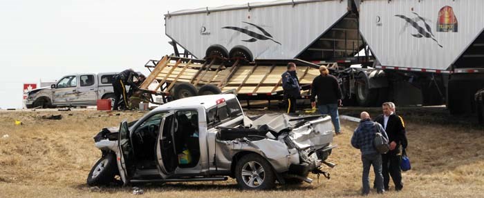 Fail to stop On April 25 at approximately 1 p.m., the driver of the transport pictured above blew through the stop sign at Queen Street and Hwy 9 colliding with a pickup truck hauling a vintage Lincoln on a trailer. The occupants of the pickup were rushed to Yorkton Regional Health Centre with undisclosed injuries. Two other vehicles were also involved in the crash, but did not experience as extensive damage. The driver of the 30-wheeler was charged with failing to stop at a stop sign. The intersection was closed for several hours while the investigation was conducted and the wreckage was cleared.