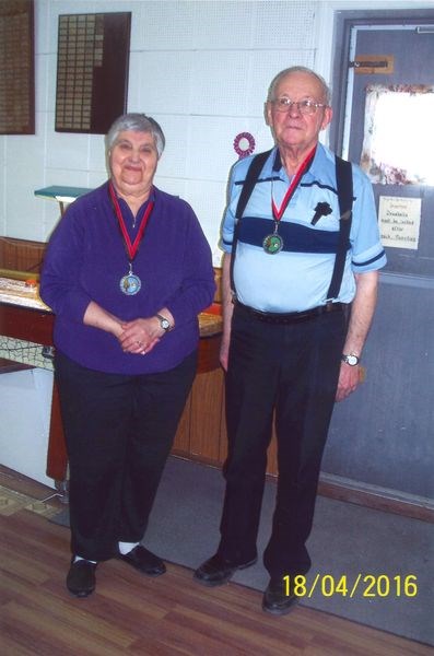 Mary Shushelnitski and John Fehr won the gold medal at the Keen Age Centre shuffleboard windup on April 18.
