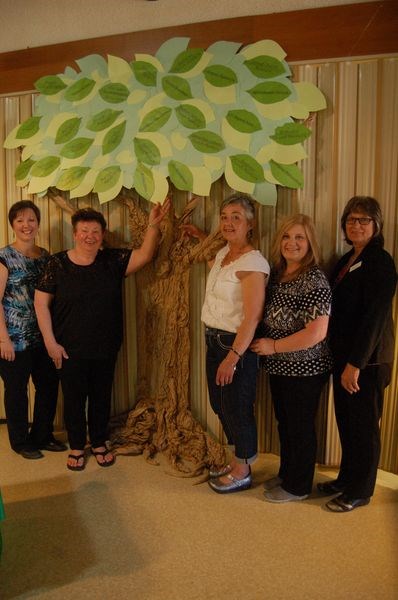 A tree containing names of volunteers on the “leaves,” was created by Marianne Francis, a member of the activity staff of the Kamsack nursing home, as the focus decoration of the volunteer appreciation event held at the nursing home last week. With the tree, from left, were: Patty Witzko, Nadia Reibin, Francis, Karen Rubletz and Marion Matechuk. Reibin is a volunteer, while the other women are members of the nursing home staff.