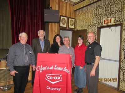 From left, among the main presenters at the Gateway Co-op annual informational meeting in Canora were: Lyle Olson, board chair; George Stinka, board secretary and delegate; Tammy Bobyk, new delegate; Alfredo Converso, new delegate; Heather Prestie, office manager; and Dana Antonovitch, general manager.