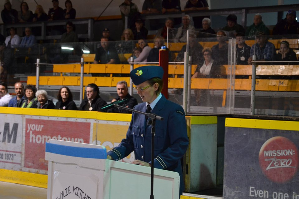 Capt. Danielle Fleury, commanding officer of the squadron, addresses guests at the annual review, on May 14.