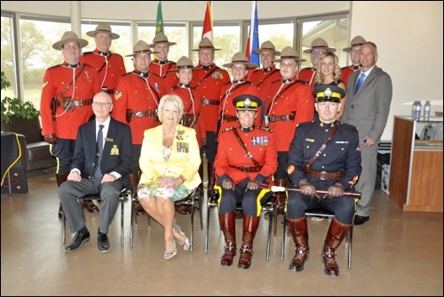 A ceremony at Fort Battleford Thursday honoured RCMP members and others with awards recognizing long service and brave actions. Lt. Gov. Vaughn Solomon Schofield as well as F Division commanding officer Brenda Butterworth-Carr, above centre, presided over the awarding of honours. Photos by John Cairns
