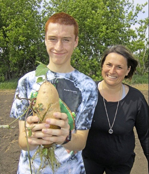 Grade 11 student Harley Melko and Vesna Fa. Harley is holding the sweet potato that Midwest Food Resources started sprouting over a month previous. The tuber makes plant-like vines and leaves on top and hair-like roots on the bottom half where it was submerged. Photos submitted