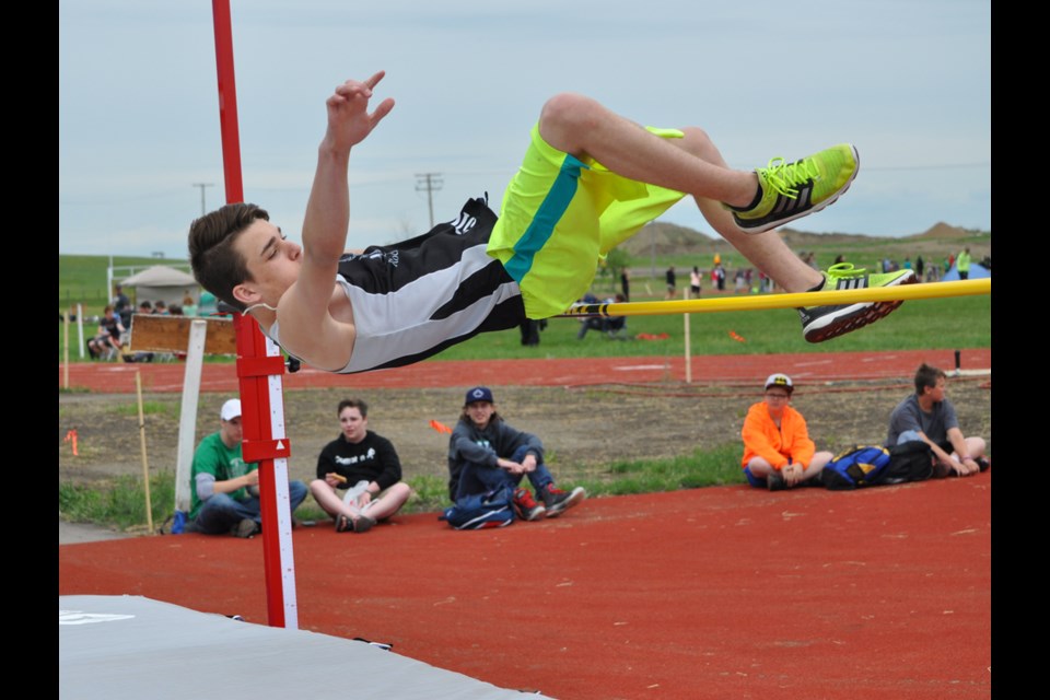 Rocanville School athlete Dawson Springer completes a 1.45m leap in the high jump competition.
