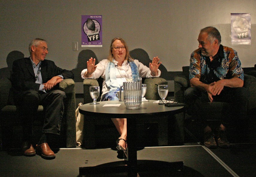 From left, Claude Joli-Couer, Canadian film commissioner and chair of the National Film Board; Valerie Creighton, president of the Canada Media Fund and filmmaker Daniel Cross discuss the state of the industry during the “Straight From the Top” forum on Friday afternoon.