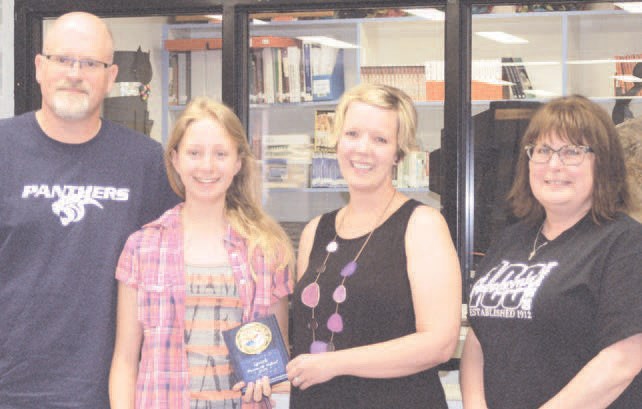 Almina Kovcic won the speech category of the Preeceville School oratory completion on May 27. From left, were: Doug King (judge), Kovcic and Erin Stolar and Laura Sliva, who were both judges.