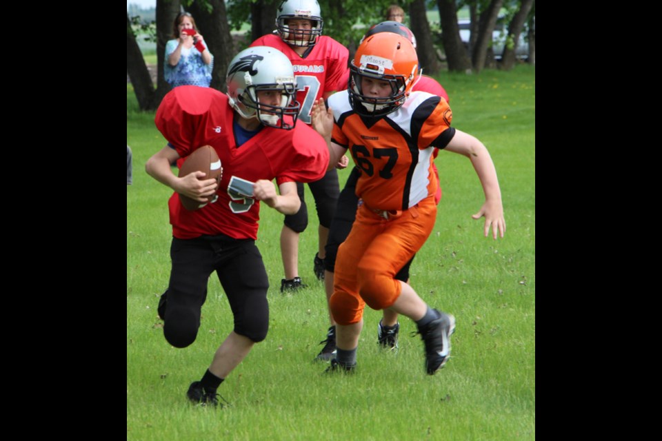 Kids from Yorkton and surrounding communities compete in Yorkton Minor Football’s spring meet. Photo by Devin Wilger.