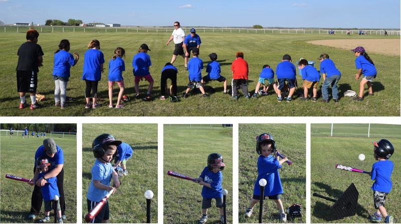 The Kamsack Sportsground is a hive of activity each Tuesday evening when more than 100 youngsters learn all about the sport of minor ball. In the top photo, a group of six-to-eight-year-old players listened tentatively as Harold Maksymetz and Jared Ruf explained some points of the game, while learning to swing a bat (at bottom) from left, were the youngest, or three-to-five-year-old players: Flynn Ruf with Nikki Ruf (coach), Jameson Parnetta, Flynn Ruf, Colton Lorenzo and Lucas Stone.