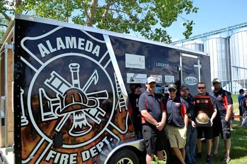 A few members of the Alameda Fire Department pause for a photo at the Town of Alameda & R.M. of Moose Creek #33 Fire Department Rodeo, held Sunday, June 5 in Alameda. The event featured teams of volunteer fire fighters from Alameda, Bienfait, Carlyle, Carnduff, Manor, Redvers and Stoughton. Pictured (l-r) are: firefighters Jim Howard, Chase Kornkven, Marlowe Brown, Jason Carritt and Chris Fee.