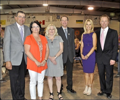 At the Living Sky School Division Hall of Fame, board chair Ken Arsenault and his wife Debbie, and Susan and Randy Fox, director of education, hosted guests Shauna and Sheldon Gardiner. Photos by Jayne Foster