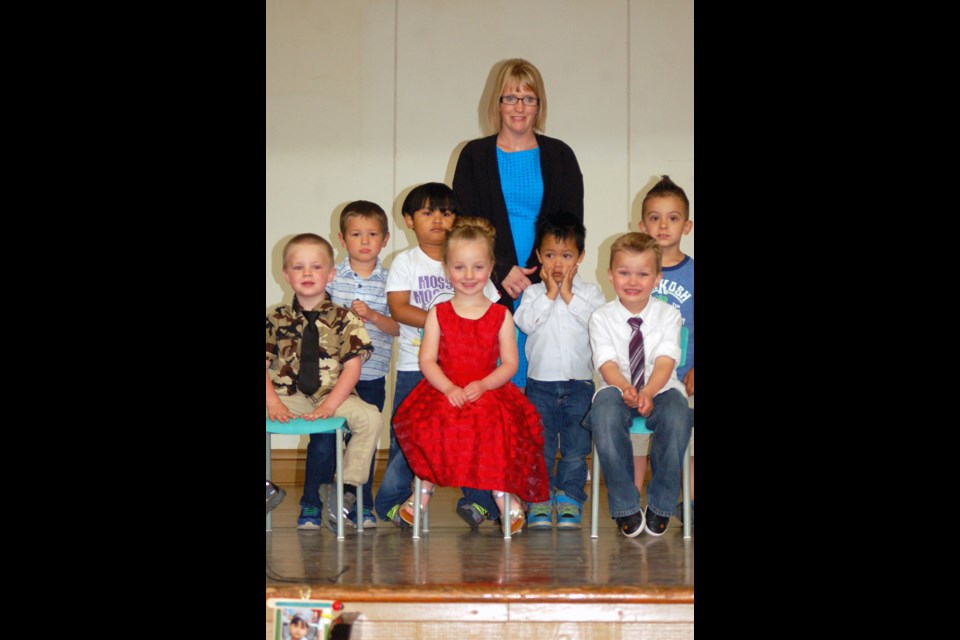 Members of the Preeceville Nursery School three-year-old class, from left, were: (back row) Chase Danielson, Jarred Singkala, Lori Newton (teacher), Tanner Townsend and Tayven Friday; and (front) Jaycee Belous, Skylee Petras and Owen Draper.