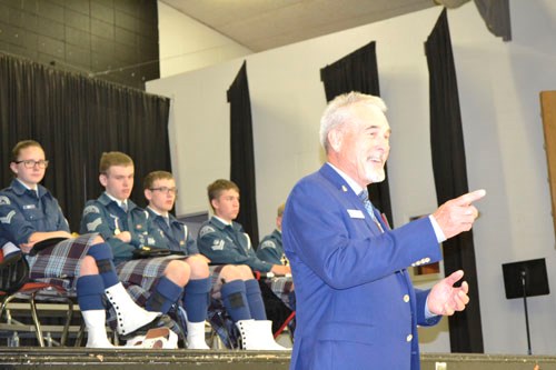 The 54th Annual Inspection of 723 Moose Mountain Royal Canadian Air Cadet Squadron was held Monday, June 6 in Carlyle. This year's Air Cadet League representative was Pete Garten (pictured) of Regina, who told the cadets: “We're all special guests here tonight. You've had a very busy and successful year... This summer, some of you will be going to North Bay, Quadra, Cold Lake and Whitehorse. You'll make lots of new friends and enjoy all kinds of remarkable experiences.” Garten also praised the “local cooperation” between area squadrons, referencing the pipe and drum corps from  Oxbow's 675 Bow Valley Squadron (seated on stage) who piped the Inspection Party in at the start of the evening.