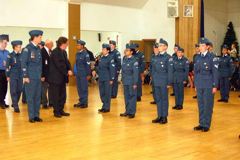 Members of the Preeceville Harvard Air Cadet Squadron assembled in formation when Mayor Harris, reviewing officer, inspected the squadron.