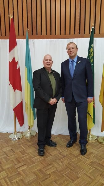 Jim Pollock of Kamsack, left, was personally thanked for his donation of an ambulance to Ukraine last year by Andriy Shevchenko, the Ukrainian Ambassador to Canada, on June 9 during the 75th anniversary of the Ukrainian Canadian Congress in Yorkton.