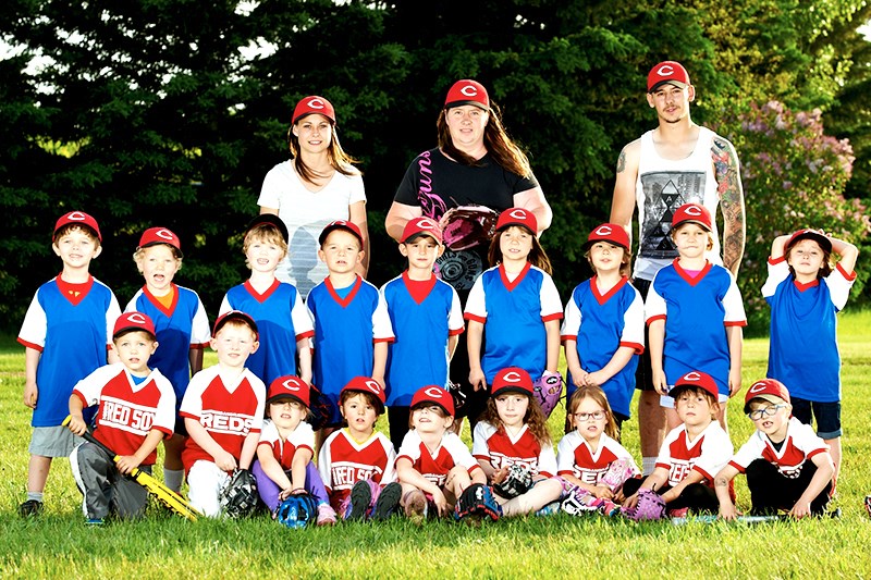 The Canora T Ball team has been practicing hard for the 2016 season and will be attending Minor Ball Day in Norquay to show their improvements. Members of the team, from left, were: (back row) Brittney Nehaj (assistant coach), Candace Doogan (coach), and Jesse Boulanger (assistant coach), (middle) Brandon Woichicowski, Owen Van Burgge, Colby Fast, Reid Kitchen, Kasen Heshka, Mya Dutchak, Sophia Hvidston, Calleigh Van Burgge, and Anallah Johnstone, and (front) Wade Vangen, Caden Doogan, Courtlyn Heshka, Abbigail Boulanger, Sage Nehaj, Chloe Doogan, Mykelty Johnstone, Madison Dutchak, and Cameron Snerch.