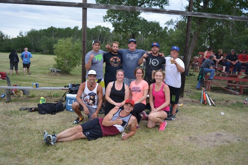 In the slo-pitch tournament, the Skeeters of Norquay won the A-side at Sandy Beach northwest of Norquay on June 18 over the Bomb Squad of Norquay. On the team, from left, were: (back row) Andrew Gazdewich, Jeff Holodniuk, Devin Severson, Jordie Vogel, and Sean Kolodziejski; (middle) Tom Krushkowski, Jennifer Gazdewich, Lori Vogel and Erin Trowell and (front) Zack Rokcochy.