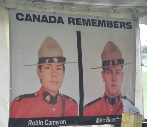 A photo of Marc Bourdages and Robin Cameron was on display at the memorial service. Photos by John Cairns