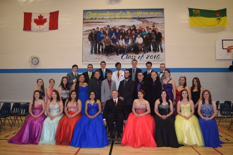 Members of the Kamsack Comprehensive Institute Class of 2016, from left, are: (back row) Devin Klapatiuk, Colby Bryksa, Jayden Chutskoff, James-Ross Tourangeau, Henry Thomas, Braiden Berezowski and Trey Bruvold; (middle) Emily Rousseau, Linda Konowalchuk, Lexie Tomochko, Tiana Severight, Kyle Morgan, Jayden Raabel, Justin Zellerer, Joshua Leis, Marcel Schmidt, Kiera Nikiforoff, Malee Shingoose and Adelaide Rousseau, and (front) Cassidy Aker, Shayla Cote, Jacqueline Villeneuve, Latisha Moar, Teddy Hudye, Larissa Puk, Kaylie Bowes, Samantha Klapatiuk and Kennedy Chutskoff. Michael Puk, Shadow Haslen and Isaiah Straub were not available for the photo.