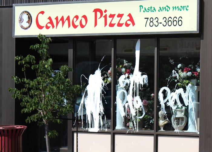 Vandalism Vandals defaced a downtown business overnight on Sunday. An ongoing police investigation has yet to turn up any leads. RCMP encourage anyone with information to call the city detachment at 306-786-2400 or contact Crime Stoppers at 800-222-TIPS.