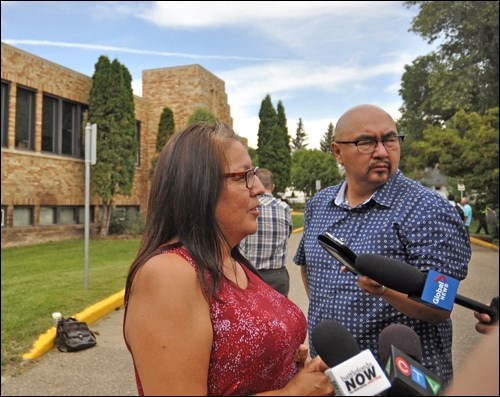 Chief Lori Whitecalf of Sweetgrass First Nation talks with reporters following a meeting with Husky Energy representatives on Thursday, July 28.