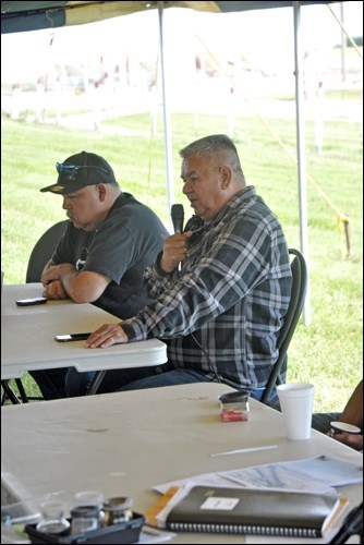 Chief Wayne Semaganis and meeting chair Rod Gopher were at the pipelines forum held near White Rock Gas Bar north of North Battleford. Photos by John Cairns