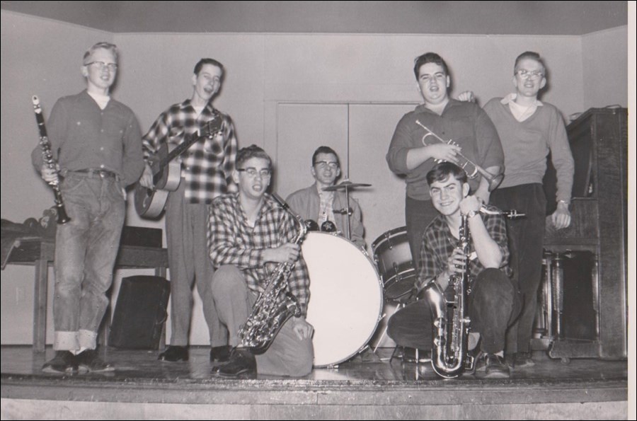 The Jazz Regents during a rehearsal at Hapnot Collegiate in 1956. Pictured (from left) are Ian (Bones) MacDougal, Dennis Rusinak, George Young, Brian Kenny, Stewart Bexton, Joe Greenberg, and Vince Dodds. MacDougal and Young are now deceased.