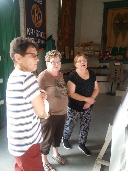 Lydia Cherkas, right, led a tour of the Kamsack Power House Museum on August 14 At far left were Vi Gardner and Susan Aikman, both of Kamsack.