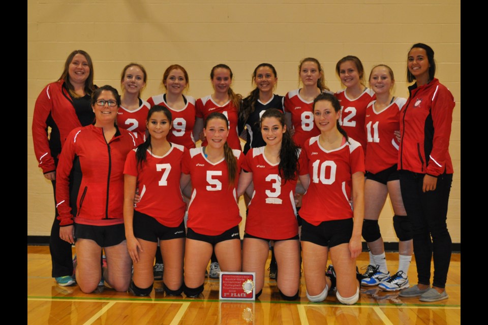 The ECS Elecs, with back from left, coach Chebri Enns, Hallie Hanson, Sammy Wade, Morgan Fichter, Tatiana Dutka, Aiden Miller, Taylor Haux, Courtney Kanigan, coach Nicole Sinclair; front, coach Becky Conly, Jaiden Peeace, Mataya Michel, Cheyenne Odgers and Kourtney Kobitz, beat teh Oxbow Black Knights to capture their home-tourney championship.