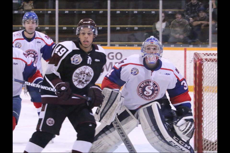 Bombers forward Dondre Watson, pictured during a Friday, Sept. 30 home game against Melville, leads Flin Flon in points with nine goals.