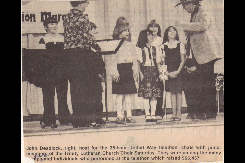 John Deadlock (right) who served as host for several years is pictured here talking with some elementary school students on stage in 1981 picture. Photos submitted by UW Estevan.