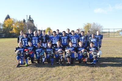 Members of the Preeceville Panthers junior football team, from left, are: (back row)  Eric McDonald, Tristan Maier, Peyton Shewchuk, James Lagrove, Jesse Prestie, Elija Hort, Ivan Fidek and Uriah Holter; (middle) Brenden Babichuk, Shelby Wallin, Seth Hort, Christian Acosta, Willen Paligan, Dylan Wiwcharuk, Dweight Paligan, and Eli Kashuba, and  (front) Micah Johnson, Jakob Turchinetz, Lexluv Acosta, Trever Geistlinger, Todd Pankratz, Eric Dodge, Dylan Fenske and Leoj Viran.