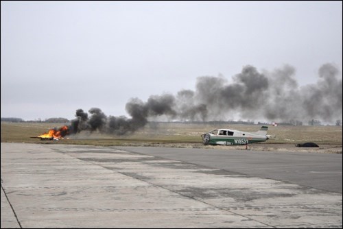 This was the scene at the Cameron McIntosh Airport as emergency crews responded to a mock accident exercise held at the location. Students from North Battleford Comprehensive High School’s drama club took part playing the roles of accident victims for the exercise. Photos by John Cairns