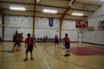 Mathew Dmitruik, fourth from left, prepares to bump the ball in a volleyball game between the Canora junior Cougars and the Sturgis junior Trojans.