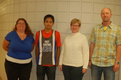 Willen Paligan placed sixth overall in the cross-country district meet in Yorkton on October 7. He won the opportunity to attend the provincial meet in Delisle on October 14. From left, were: Donna Hamilton (coach), Paligan, Bonnie Lisitza and Les DeRuiter, both coaches.