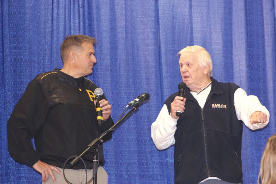 John Deadlock, right, speaks with Brian Senchuk during the United Way Estevan Telethon. Deadlock, who was a fixture at the telethon for many years, returned to Estevan for the 40th annual Telethon on Oct. 14 and 15.