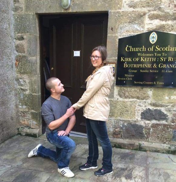 Last month in Scotland, Dylan Abbott of Norquay proposed marriage to Brianne Fialkowski on the landing of the same church where his great-grandparents Bob and Millie Abbott of Norquay were married. In the wedding photo, from left, are the late Tom Farquhar (best man), Bob and Millie, and Millie’s sister Margaret Grey. The flower girl was another relative of the bride, June Grey.