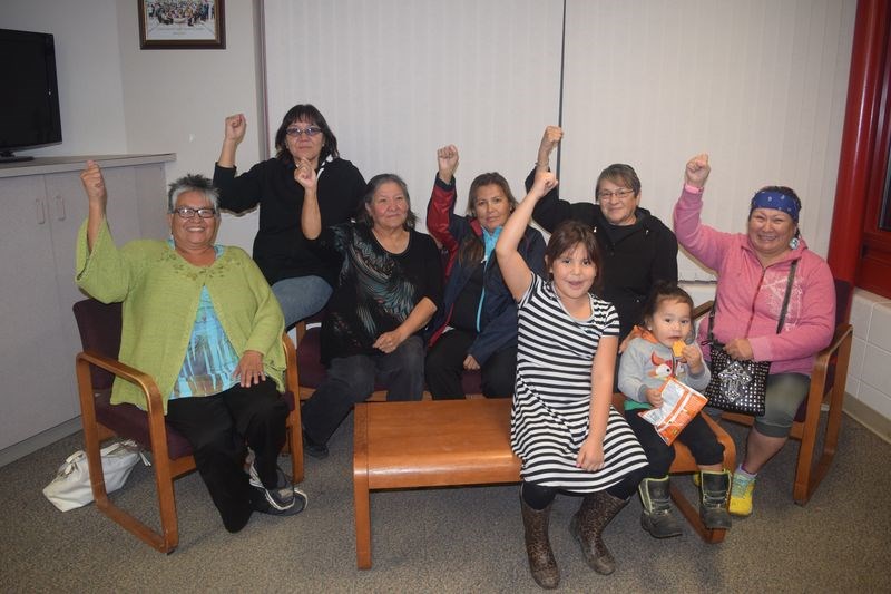 Among the Cote and Keeseekoose residents who met at the Chief Gabriel Cote Education Complex last week to plan a fundraising merchandise bingo to raise funds for a group’s trip to North Dakota in support of the Standing Rock Sioux Tribe, and posing in an act of solidarity, from left, were: Stella Pelly, Sharon Pelly, Margaret Chrusch, Helene Cote, Margaret R. Cote and Margaret M. Cote; and (front) Dean Wanbdiska and Khelia Shingoose.