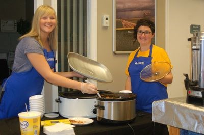 Taylor Thompson and Brittany Halkyard handed out bowls of chili on October 20, compliments of the staff at the Preeceville Credit Union branch.