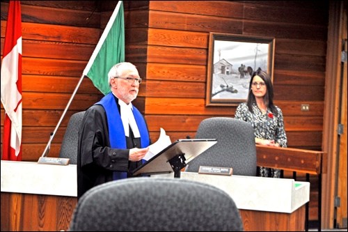 Judge Dan O'Hanlon presided over the swearing in of North Battleford city council Monday. Photos by John Cairns