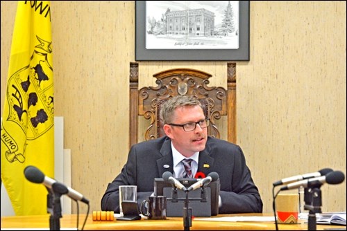 Mayor Ames Leslie presiding at his first town council meeting as mayor of Battleford.   Photos by Shannon Kovalsky