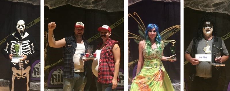 Prizes were won at the Halloween cabaret in Kamsack October 29 for the following costumes, from left: skeleton guy, best male costume; redneck truckers, best couple; earth fairy, best female, and the rocker, best makeup.