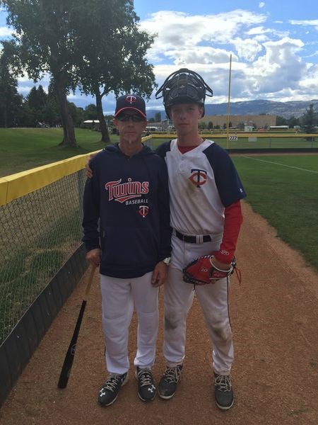 Former Kamsack resident Cam Laevens and his son Kobe, of Spruce Grove, Alta., who was recently named the top peewee baseball player in Alberta, were photographed wearing Twins baseball uniforms.