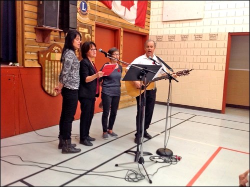 Susan Cadrin, Anne Baillargeon, Gail Meiers and Charles Baillargeon provided music during Meota’s Remembrance Day service.