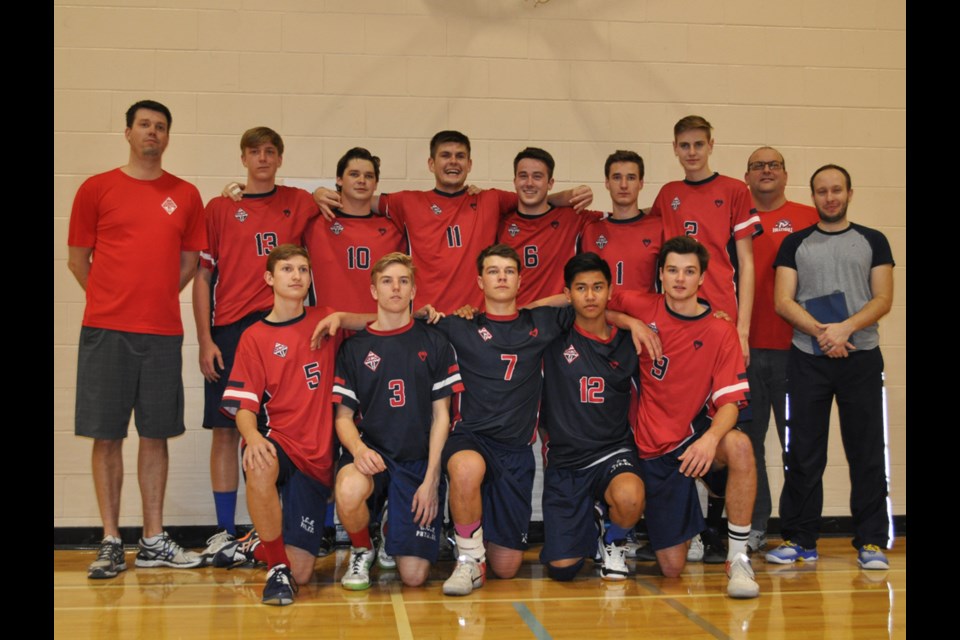 The ECS Elecs senior boys volleyball team, with top row from left, coach Nathan Johnson, Justin Van Achte, Logan Stepp, Wyatt Haux, Shae Little, Preston Audet, Jack McGeough, coach Kevin Perkins, coach Daniel Betnar; bottom row, Hunter Perkins, Lais Lindquist, Sage Dayman, Rizen Rioferio and Jordan Fichter, earned a spot at the SHSAA 5A Provincial Volleyball Championships with a third-place win over the Greenall Griffins at regionals on Saturday.